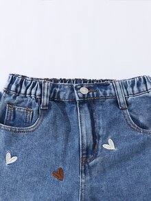 SHEIN Quần jeans ống rộng dáng suông phong cách Y2K dành cho bé gái tuổi teen, thêu hình trái tim, thích hợp cho đi chơi hàng ngày, đi học, đi làm và mùa tựu trường. - Rửa trung bình - Xem 5