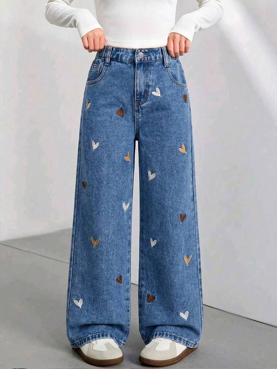 SHEIN Quần jeans ống rộng dáng suông phong cách Y2K dành cho bé gái tuổi teen, thêu hình trái tim, thích hợp cho đi chơi hàng ngày, đi học, đi làm và mùa tựu trường.
