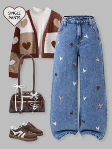 SHEIN Quần jeans ống rộng dáng suông phong cách Y2K dành cho bé gái tuổi teen, thêu hình trái tim, thích hợp cho đi chơi hàng ngày, đi học, đi làm và mùa tựu trường. - Rửa trung bình - Xem 9