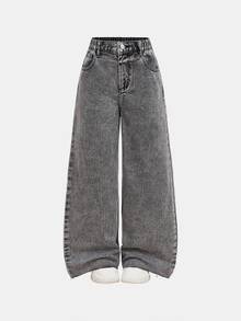 Tween Girls Pockets Loose Wide Leg Distressed Relaxed Fit Casual Versatile Jeans Fall Winter - Light Grey - View 1