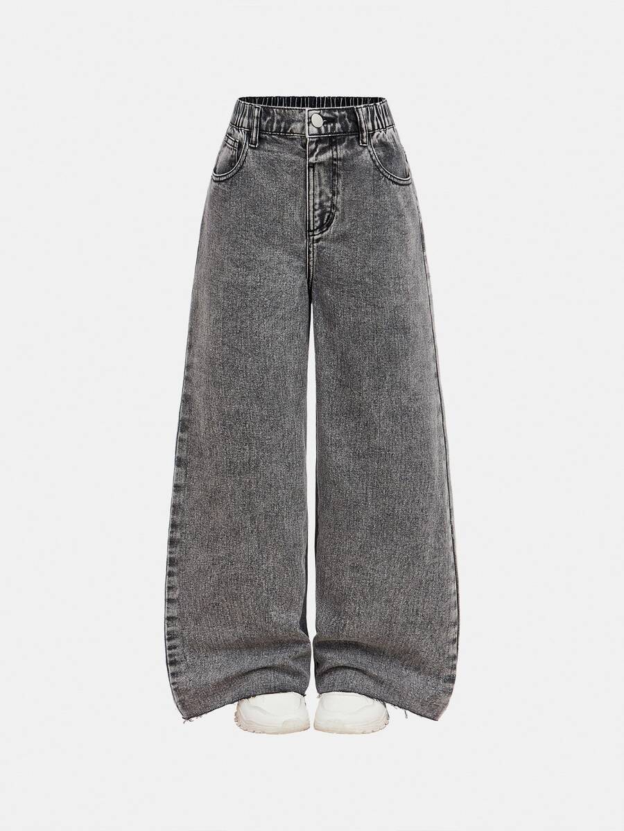 Tween Girls Pockets Loose Wide Leg Distressed Relaxed Fit Casual Versatile Jeans Fall Winter - Light Grey - View 1