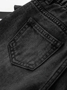 SHEIN Young Girls Distressed Vintage Fashion Personalized Front Panel Split Washed Black Bowknot Wide Leg Snug Fit Versatile Casual Denim Jeans Autumn Fall - Black - View 6