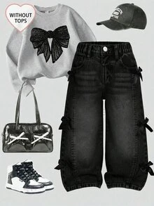 SHEIN Young Girls Distressed Vintage Fashion Personalized Front Panel Split Washed Black Bowknot Wide Leg Snug Fit Versatile Casual Denim Jeans Autumn Fall - Black - View 1