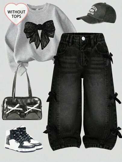 SHEIN Young Girls Distressed Vintage Fashion Personalized Front Panel Split Washed Black Bowknot Wide Leg Snug Fit Versatile Casual Denim Jeans Autumn Fall
