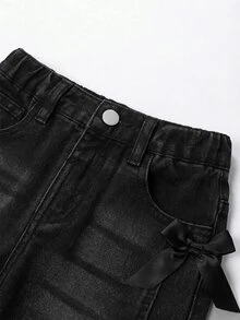 SHEIN Young Girls Distressed Vintage Fashion Personalized Front Panel Split Washed Black Bowknot Wide Leg Snug Fit Versatile Casual Denim Jeans Autumn Fall - Black - View 4