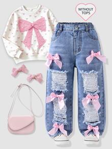 SHEIN Young Girl'Loose Straight Leg Jeans,Distressed Light Blue Streetwear,Sweet Pink Bow Decor,Multiple 3D Pockets,Versatile All Seasons Ripped Jeans,Blue - Medium Wash - View 5
