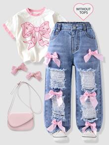 SHEIN Young Girl'Loose Straight Leg Jeans,Distressed Light Blue Streetwear,Sweet Pink Bow Decor,Multiple 3D Pockets,Versatile All Seasons Ripped Jeans,Blue - Medium Wash - View 2