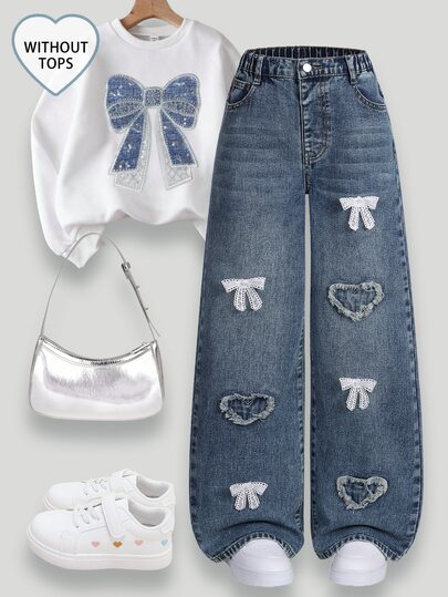SHEIN Elladie kids Denimly Tween Girl Loose Fit Light Blue Denim Jeans,Wide Leg Elastic Waist Pants With Heart Embroidery,Aqua Blue,Autumn,Cute,School,Back-To-School