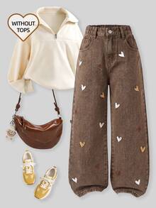 SHEIN Tween Girls' Casual Versatile Jeans With Pockets & Heart Buttons, Suitable For Daily Outings, School, Commute, Gatherings - Brown - View 2