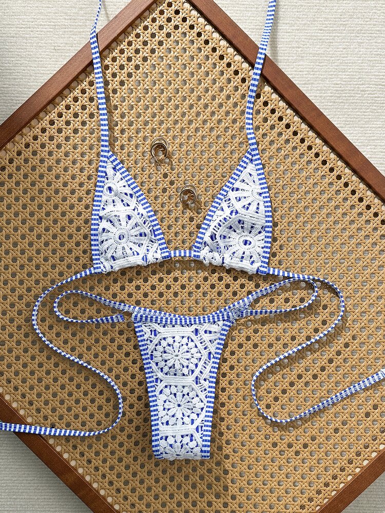 Swim Vcay Women's Summer Beach Colorblock Halter Tie Sexy Bikini & Triangle Bottom Two-Piece Swimwear Set - Blue and White - View 3