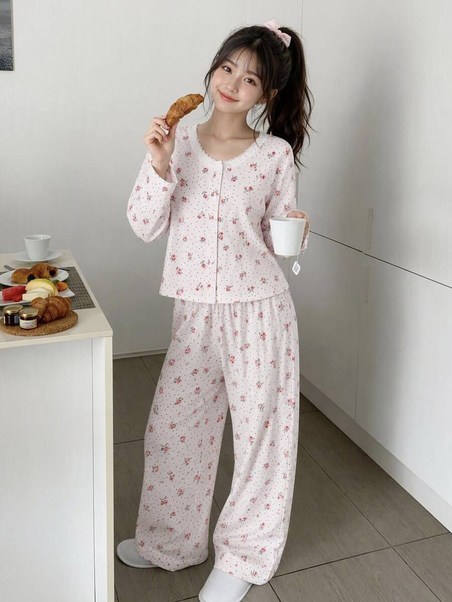 Set Piyama Celana Panjang Lengan Panjang Motif Bunga Kecil yang Manis - MultiWarna - View 1