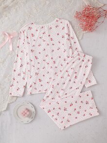 Set Piyama Celana Panjang Lengan Panjang Motif Bunga Kecil yang Manis - MultiWarna - View 3