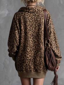Trelyra Women's Leopard Print Drop Shoulder Long Sleeve Zip-Up Half-Placket Casual Sweatshirt Dress - Multicolor - View 2