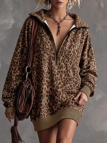 Trelyra Women's Leopard Print Drop Shoulder Long Sleeve Zip-Up Half-Placket Casual Sweatshirt Dress - Multicolor - View 1