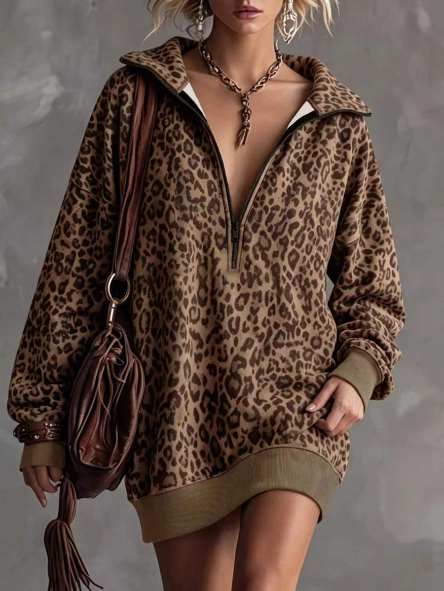 Trelyra Women's Leopard Print Drop Shoulder Long Sleeve Zip-Up Half-Placket Casual Sweatshirt Dress - Multicolor - View 1