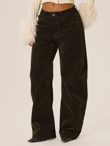 MUSERA Jeans Denim Washed Model Mid Rise Balloon Fit untuk Koordinasi Musim Gugur Musim Dingin Musim Gugur Gaya Kota Keren Imut Kembali ke Sekolah Park Avenue - Hijau Tentara - View 2