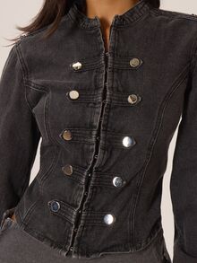 MUSERA Military Style Button Front Washed Denim Jacket Autumn Winter Fall City Coolgirl Cute Back To School Park Avenue - Dark Grey - View 6