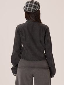 MUSERA Military Style Button Front Washed Denim Jacket Autumn Winter Fall City Coolgirl Cute Back To School Park Avenue - Dark Grey - View 4