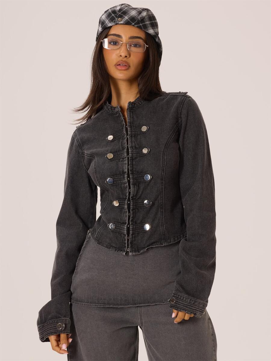 MUSERA Military Style Button Front Washed Denim Jacket Autumn Winter Fall City Coolgirl Cute Back To School Park Avenue - Dark Grey - View 1