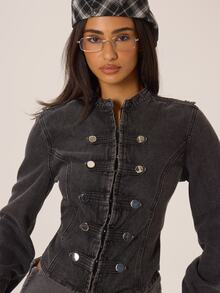 MUSERA Military Style Button Front Washed Denim Jacket Autumn Winter Fall City Coolgirl Cute Back To School Park Avenue - Dark Grey - View 5