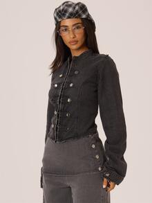 MUSERA Military Style Button Front Washed Denim Jacket Autumn Winter Fall City Coolgirl Cute Back To School Park Avenue - Dark Grey - View 3