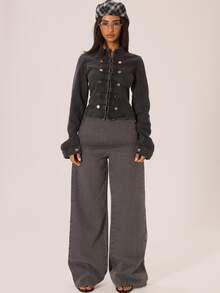 MUSERA Military Style Button Front Washed Denim Jacket Autumn Winter Fall City Coolgirl Cute Back To School Park Avenue - Dark Grey - View 2