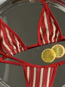SHEIN Swim 女款春夏掛脖式提花面料比基尼套裝 - 紅色 - 查看 7
