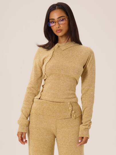MUSERA Asymmetric Collared Button Through Knitted Coord Jumper Autumn Winter Fall City Coolgirl Cute Back To School Park Avenue Fall Autumn Winter Christmas
