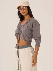 MUSERA Ruched Tie Front V Neckline Knitted Three Quarter Sleeve Top Autumn Winter Fall City Coolgirl Cute Back To School Park Avenue - Dark Grey - View 3