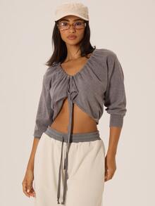 MUSERA Ruched Tie Front V Neckline Knitted Three Quarter Sleeve Top Autumn Winter Fall City Coolgirl Cute Back To School Park Avenue - Dark Grey - View 1