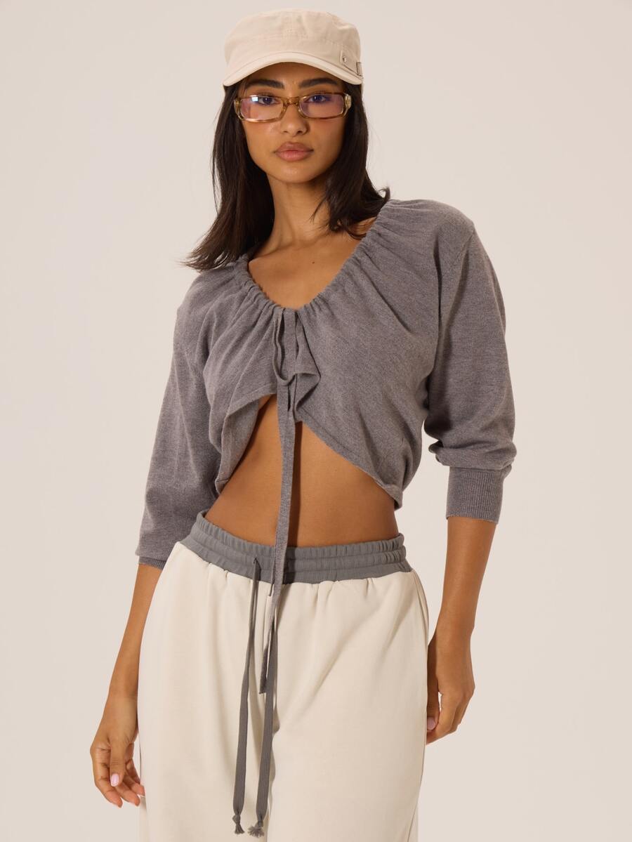 MUSERA Ruched Tie Front V Neckline Knitted Three Quarter Sleeve Top Autumn Winter Fall City Coolgirl Cute Back To School Park Avenue - Dark Grey - View 1