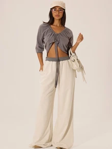 MUSERA Ruched Tie Front V Neckline Knitted Three Quarter Sleeve Top Autumn Winter Fall City Coolgirl Cute Back To School Park Avenue - Dark Grey - View 2