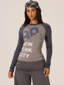 MUSERA Graphic Printed Crewneck Raglan Fitted Top Winter Fall City Coolgirl Cute Back To School Park Avenue - Multicolor - View 1