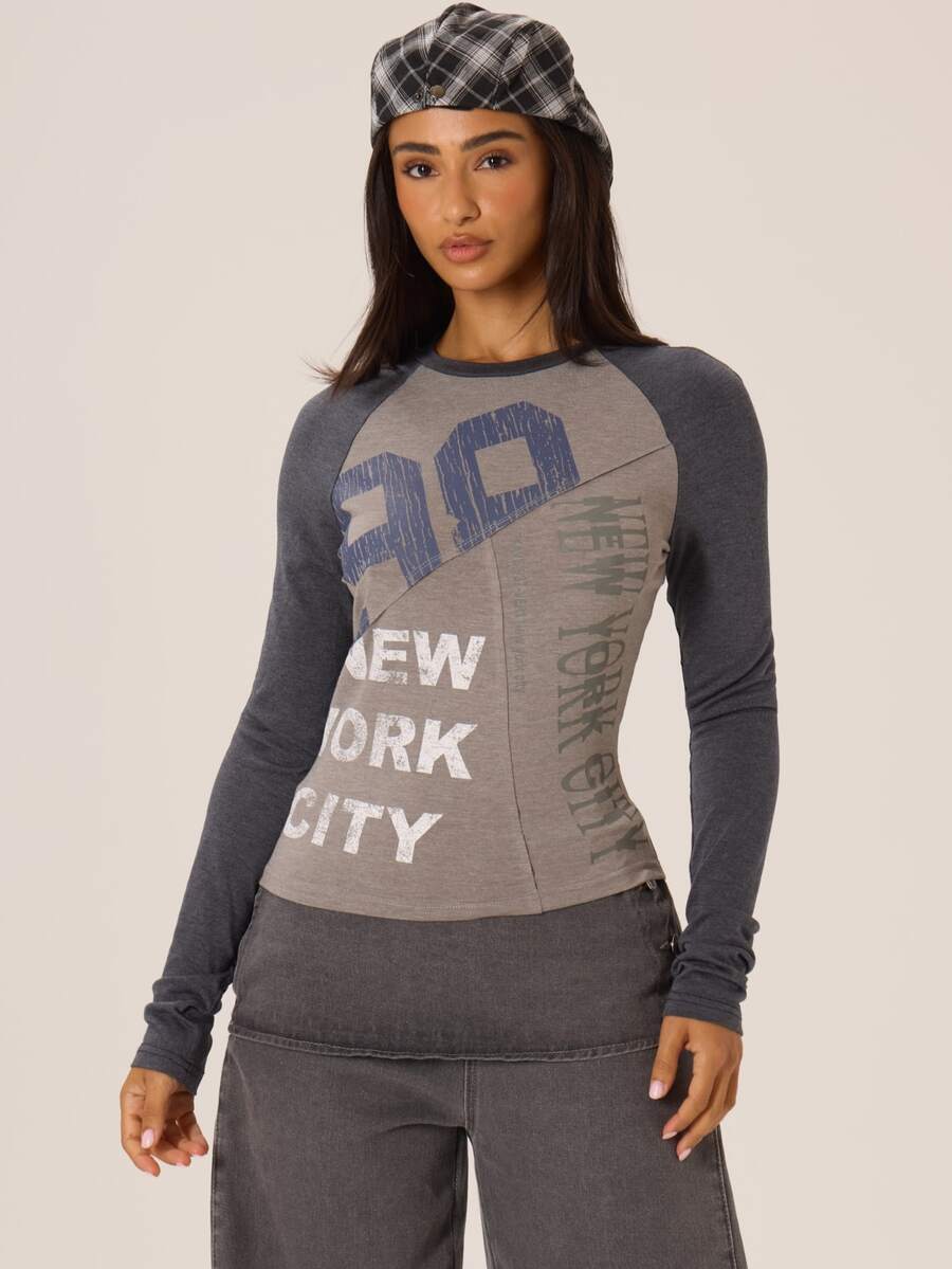 MUSERA Graphic Printed Crewneck Raglan Fitted Top Winter Fall City Coolgirl Cute Back To School Park Avenue - Multicolor - View 1