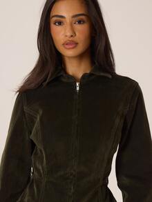 MUSERA Washed Denim Collared Zip Through Buckle Detail Fitted Coord Jacket Autumn Winter Fall City Coolgirl Cute Back To School Park Avenue - Army Green - View 5