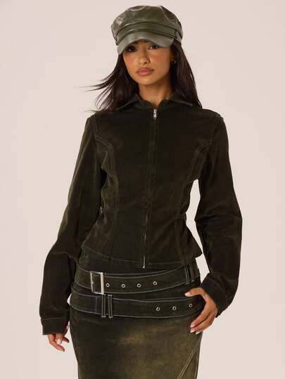 MUSERA Washed Denim Collared Zip Through Buckle Detail Fitted Coord Jacket Autumn Winter Fall City Coolgirl Cute Back To School Park Avenue