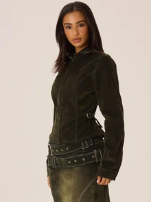 MUSERA Washed Denim Collared Zip Through Buckle Detail Fitted Coord Jacket Autumn Winter Fall City Coolgirl Cute Back To School Park Avenue - Army Green - View 3