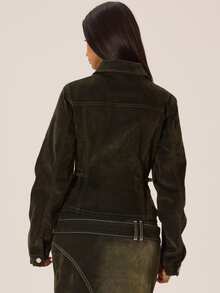 MUSERA Washed Denim Collared Zip Through Buckle Detail Fitted Coord Jacket Autumn Winter Fall City Coolgirl Cute Back To School Park Avenue - Army Green - View 4
