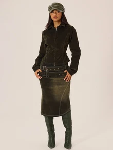 MUSERA Washed Denim Collared Zip Through Buckle Detail Fitted Coord Jacket Autumn Winter Fall City Coolgirl Cute Back To School Park Avenue - Army Green - View 2