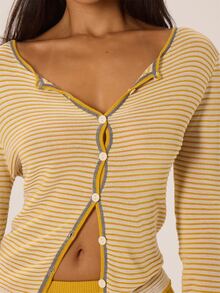 MUSERA Striped Button Through Crewneck Cardigan Autumn Winter Fall City Coolgirl Cute Back To School Park Avenue - Cream - View 6