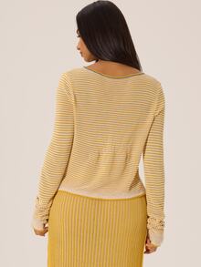 MUSERA Striped Button Through Crewneck Cardigan Autumn Winter Fall City Coolgirl Cute Back To School Park Avenue - Cream - View 4