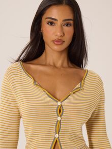 MUSERA Striped Button Through Crewneck Cardigan Autumn Winter Fall City Coolgirl Cute Back To School Park Avenue - Cream - View 5