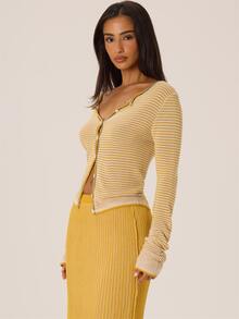 MUSERA Striped Button Through Crewneck Cardigan Autumn Winter Fall City Coolgirl Cute Back To School Park Avenue - Cream - View 3