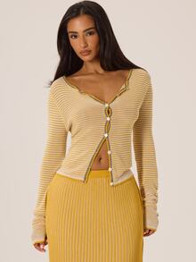 MUSERA Striped Button Through Crewneck Cardigan Autumn Winter Fall City Coolgirl Cute Back To School Park Avenue - Cream - View 1