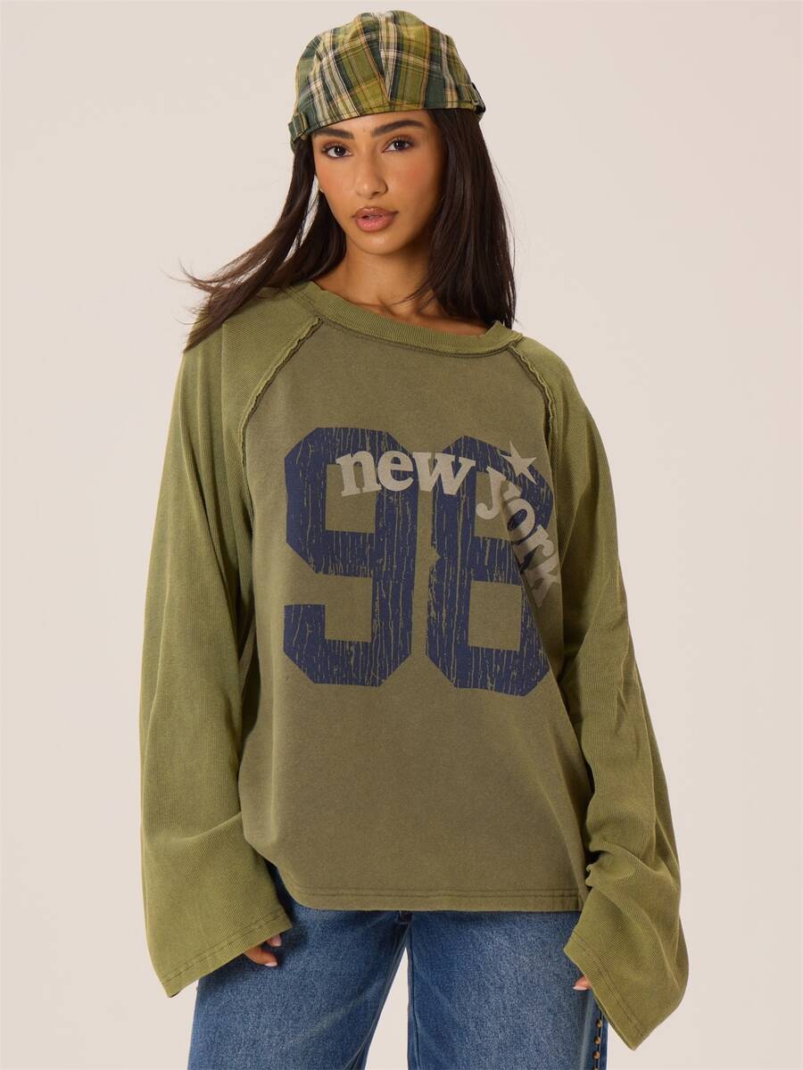 MUSERA Atasan Raglan Crewneck Longgar Gaya Washed dengan Slogan Cetak Grafis untuk Musim Gugur Musim Dingin, Gaya Kota, Gadis Keren, Imut, Kembali ke Sekolah, Park Avenue - Hijau Tentara - View 1