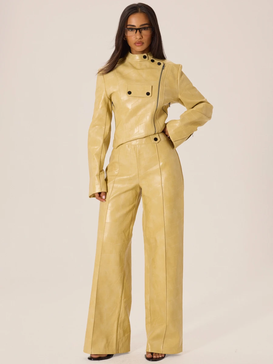 MUSERA Faux Leather Button Detail Low Rise Straight Leg Trouser Autumn Winter Fall City Coolgirl Cute Back To School Park Avenue - Yellow - View 1