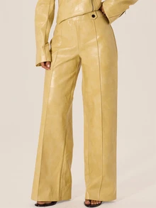 MUSERA Faux Leather Button Detail Low Rise Straight Leg Trouser Autumn Winter Fall City Coolgirl Cute Back To School Park Avenue - Yellow - View 2
