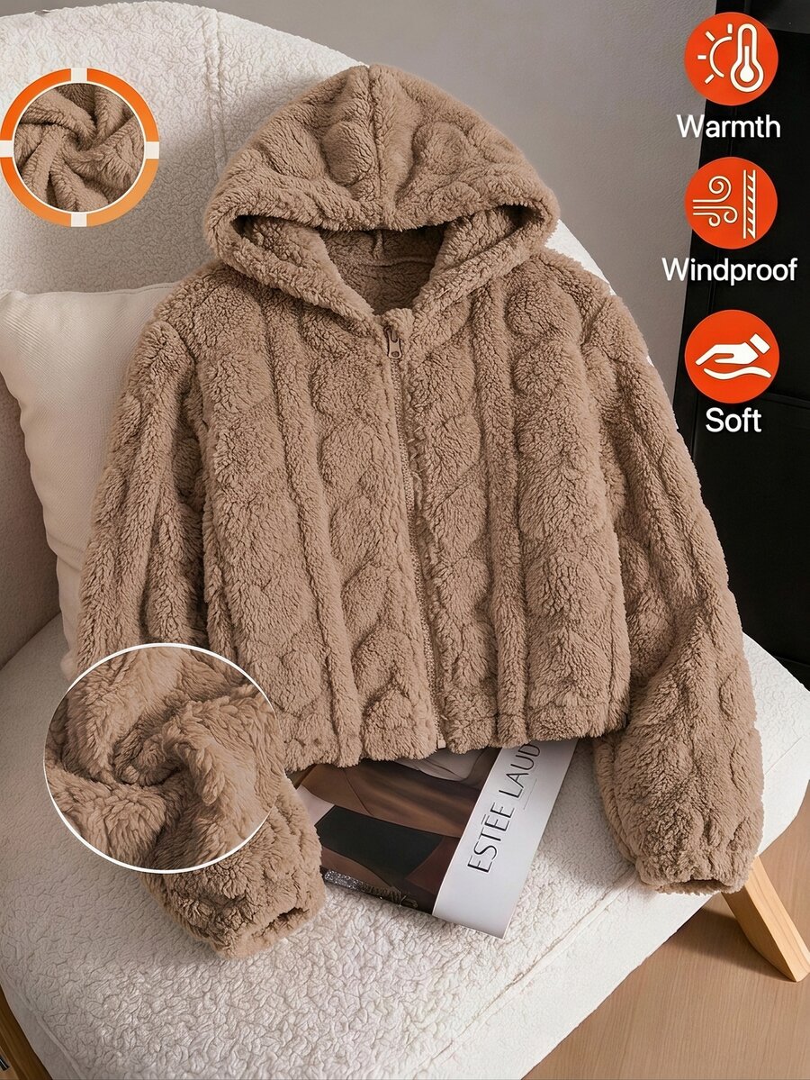SHEIN Elladie kids 女童休閒毛絨夾克，嬰兒白色拉鍊前襟愛心圖案可愛連帽外套，秋季女童保暖毛茸茸背心套裝女童服飾