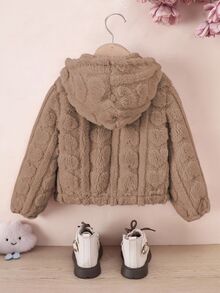 SHEIN Elladie kids 女童休閒毛絨夾克，嬰兒白色拉鍊前襟愛心圖案可愛連帽外套，秋季女童保暖毛茸茸背心套裝女童服飾 - 咖啡棕 - 查看 3