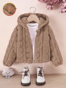SHEIN Elladie kids 女童休閒毛絨夾克，嬰兒白色拉鍊前襟愛心圖案可愛連帽外套，秋季女童保暖毛茸茸背心套裝女童服飾 - 咖啡棕 - 查看 4